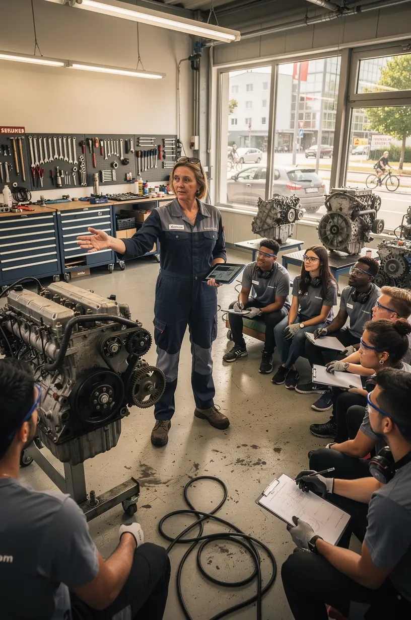 Nahaufnahme eines überholten Motors mit sichtbar sauberen und gewarteten Bauteilen in der Werkstatt.